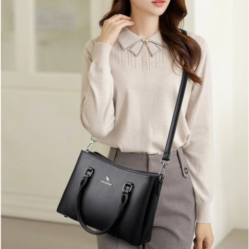 Large Capacity PU Leather Tote Bag – Women's 3-Layer Commute Handbag