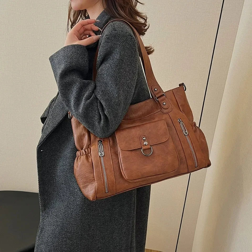 Large Capacity Leather Shoulder Bag with Zipper Pockets