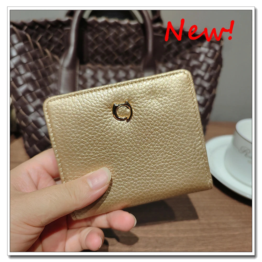 Gold Genuine Leather Women's Short Wallet with Animal Button Clasp