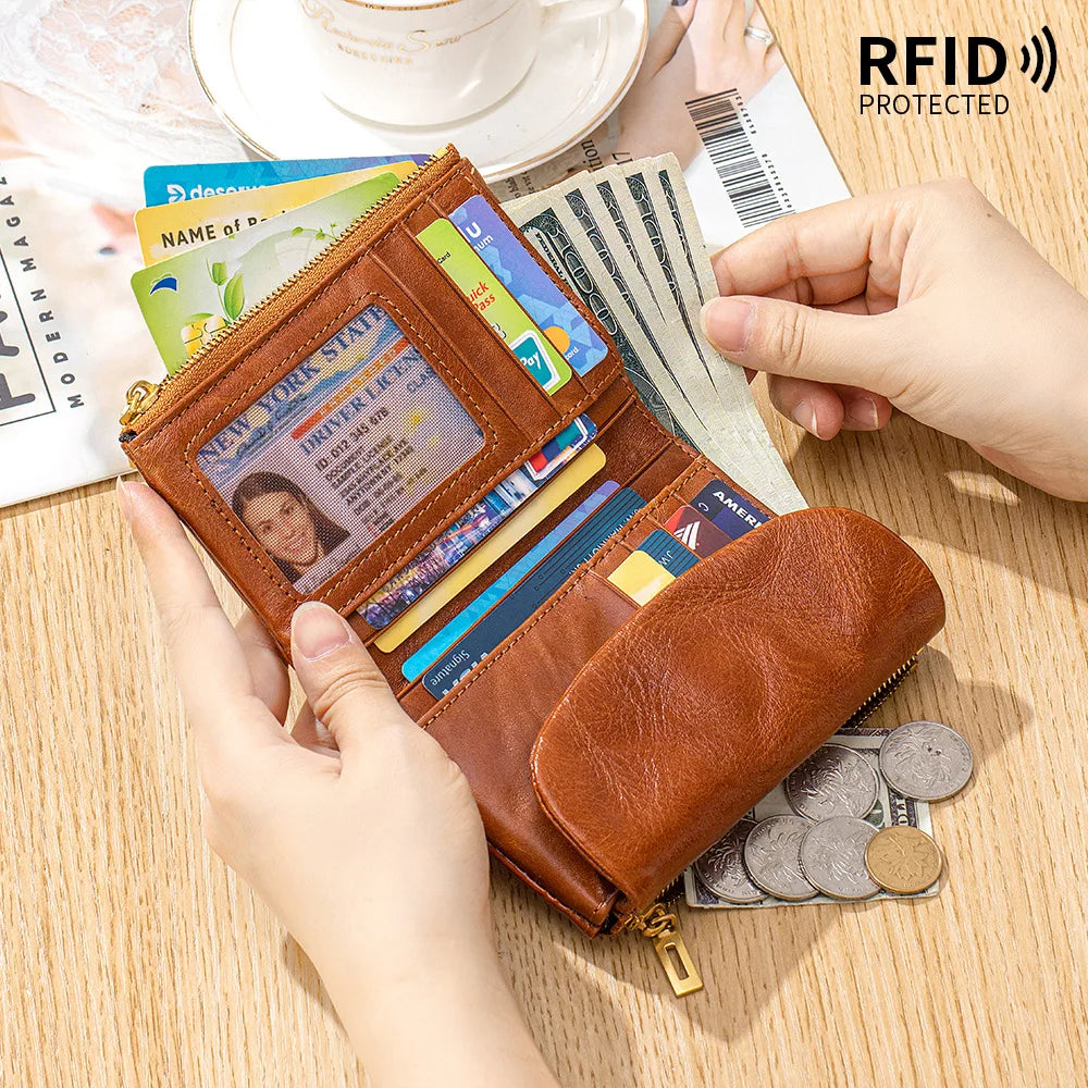 Genuine Leather RFID Wallet – Vintage Flap-Over Multi-Pocket Purse