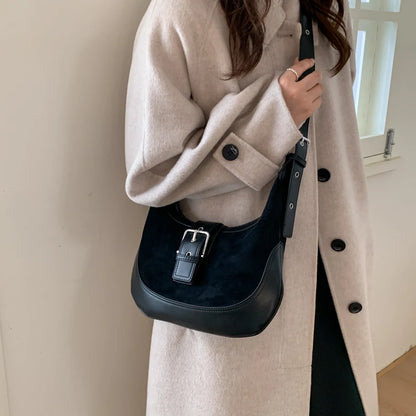 Moods Belt Buckle Design Crossbody Bags Women Pu Suede Commute Underarm Shoulder Hobo Bag Designer