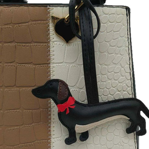 Dachshund Leather Bag Charm with Red Bow Tie – Cute Pet Lover Keychain