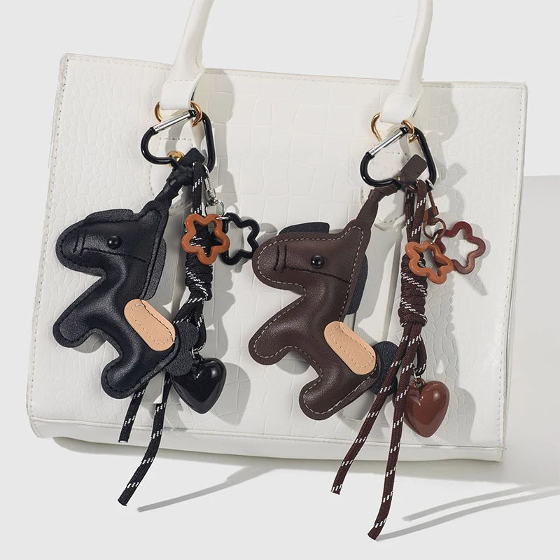 PU Leather Pony Keychain with Heart & Flower Bag Charm
