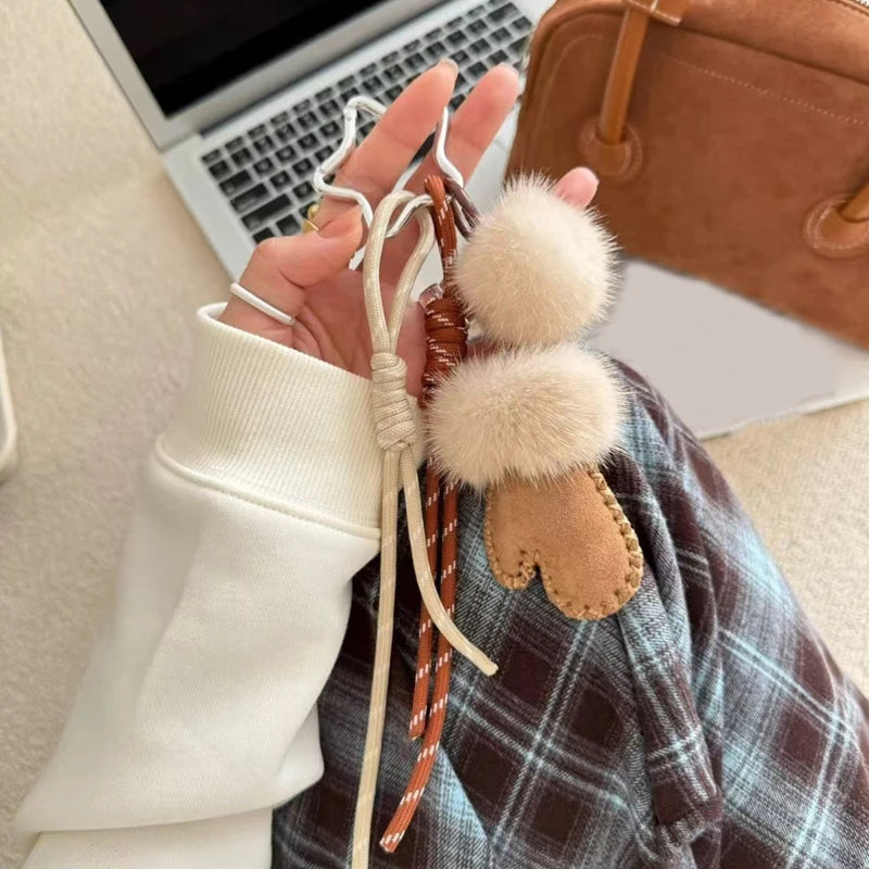 Fluffy Pom Pom Keychain with Leather Mitten Bag Charm for Women
