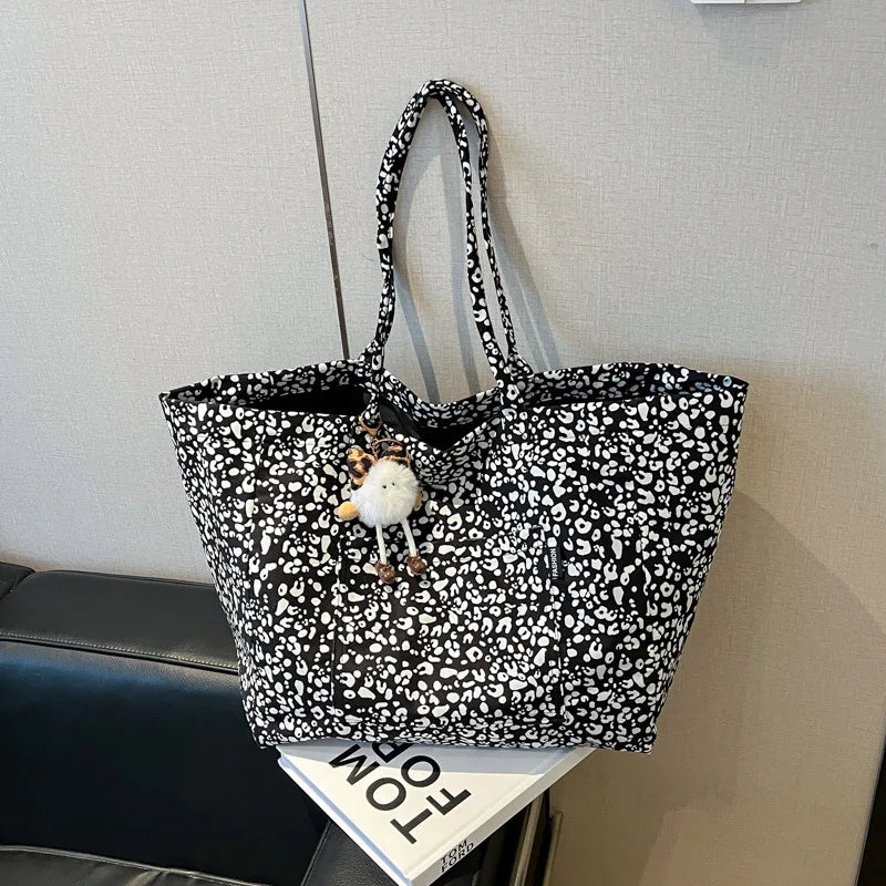 Leopard Print Canvas Tote Bag – Large Capacity Shoulder Handbag for Women