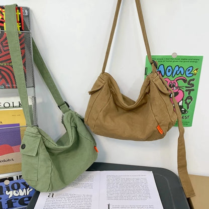 Female Canvas Fabric Hobo Soft Slouchy Shoulder Bag Y2k Student Leisure Medium Size School Book