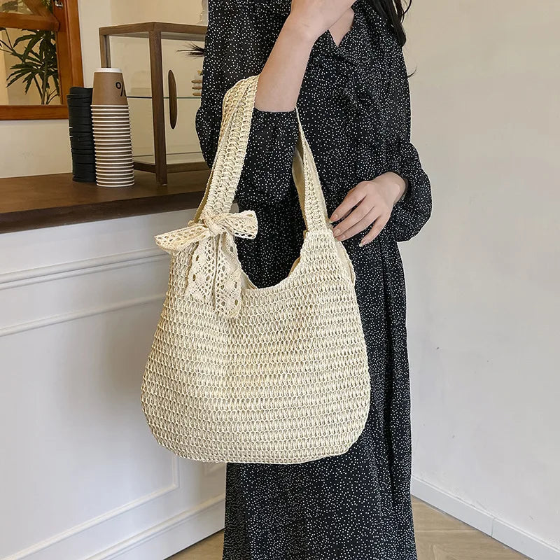 Paper Straw Woven Hobo Bag – Large Capacity Shoulder Tote for Women
