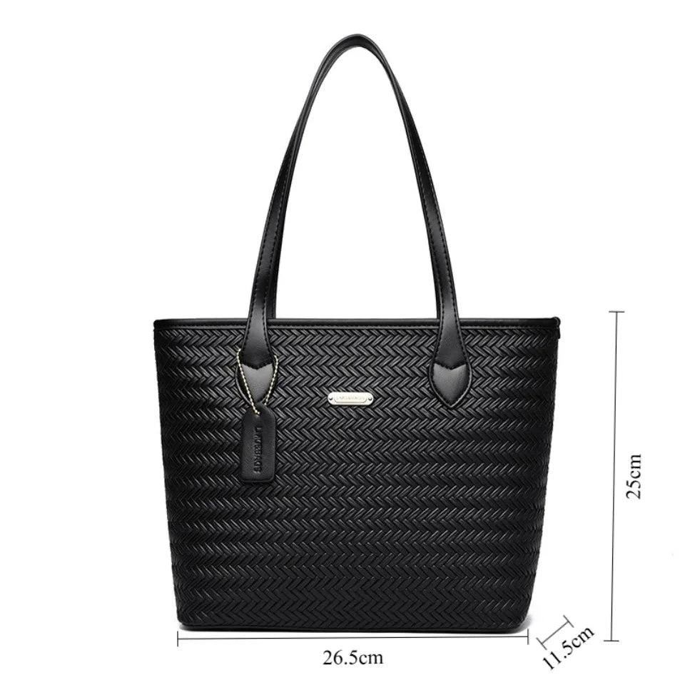 Women's Woven Texture Tote Bag – Large PU Leather Shoulder Work Bag