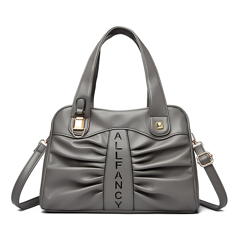 Ruched Vegan Leather Handbag with Top Handle & Crossbody Strap