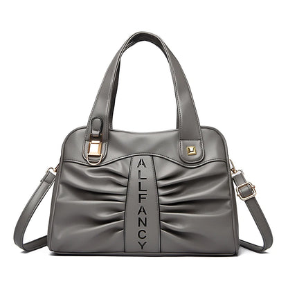Ruched Vegan Leather Handbag with Top Handle & Crossbody Strap