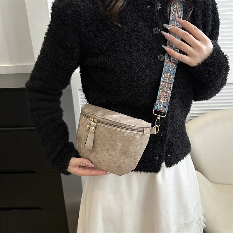 Women's PU Leather Crossbody Bag with Wide Boho Strap