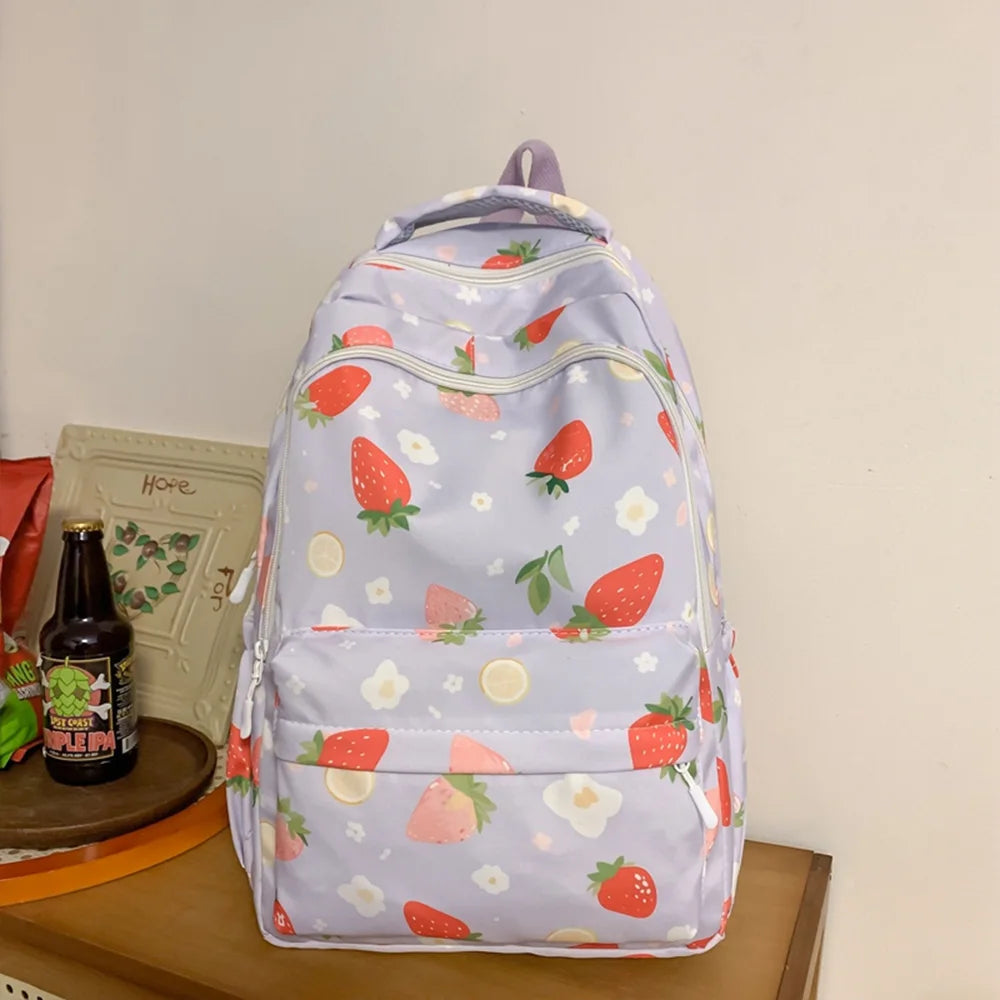 Strawberry Print Nylon Backpack – Cute Lightweight School Bag