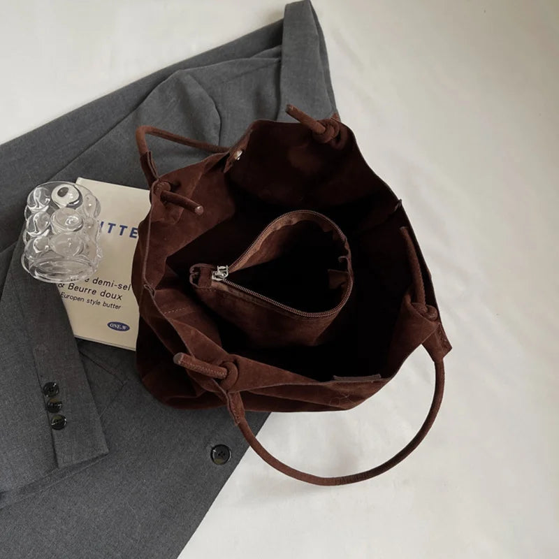 Suede Tote Bag – Women's Retro Large Shoulder Bag with Pouch