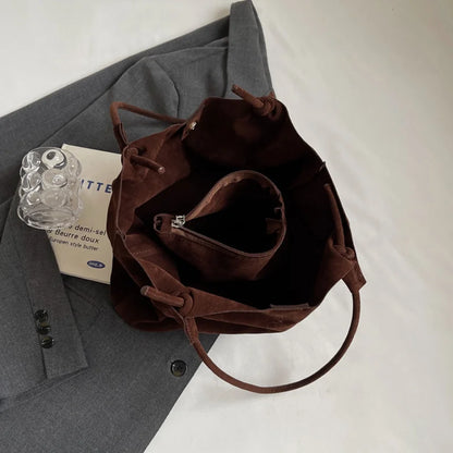 Suede Tote Bag – Women's Retro Large Shoulder Bag with Pouch