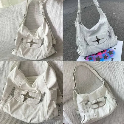 Y2K Star Shoulder Bag – White PU Leather Large Capacity Punk Handbag