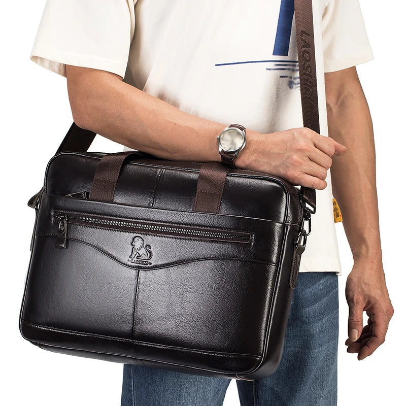 Genuine Leather Briefcase for Men – 14" Laptop Bag, Large Capacity