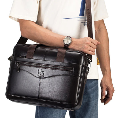 Genuine Leather Briefcase for Men – 14" Laptop Bag, Large Capacity