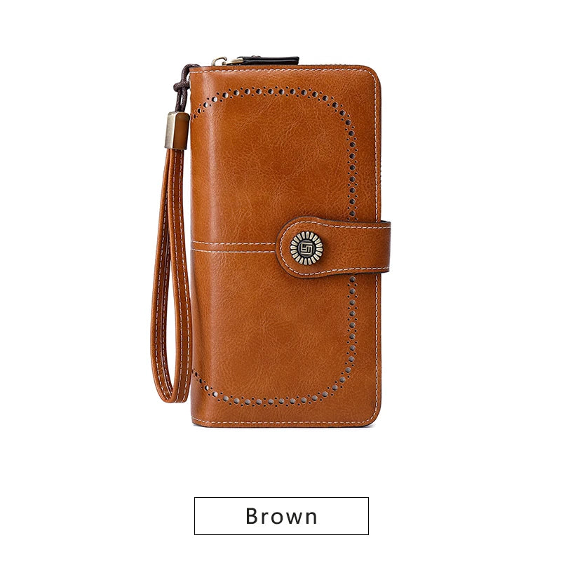 RFID Blocking Women's Trifold Long Wallet – Large Capacity Retro Leather Clutch