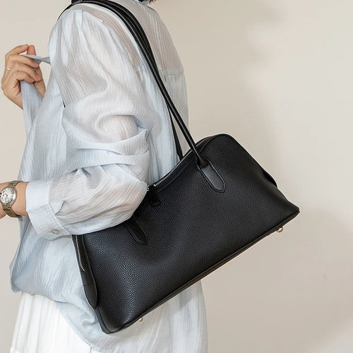 Genuine Leather Baguette Shoulder Bag – Women's Pebbled Hobo Tote