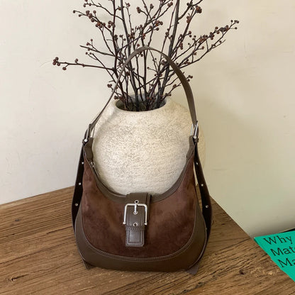 Moods Belt Buckle Design Crossbody Bags Women Pu Suede Commute Underarm Shoulder Hobo Bag Designer
