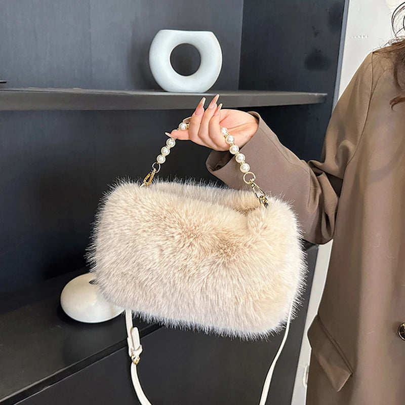 Plush Faux Fur Crossbody Bag with Pearl Chain Strap