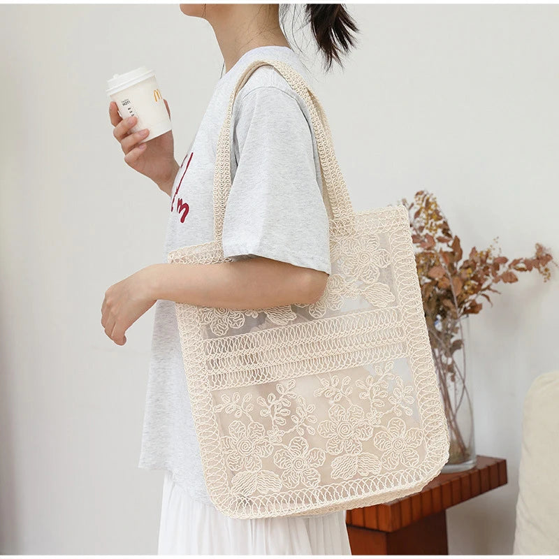 Floral Lace Tote Bag for Women – Large Capacity Mesh Shoulder Bag with Inner Pouch