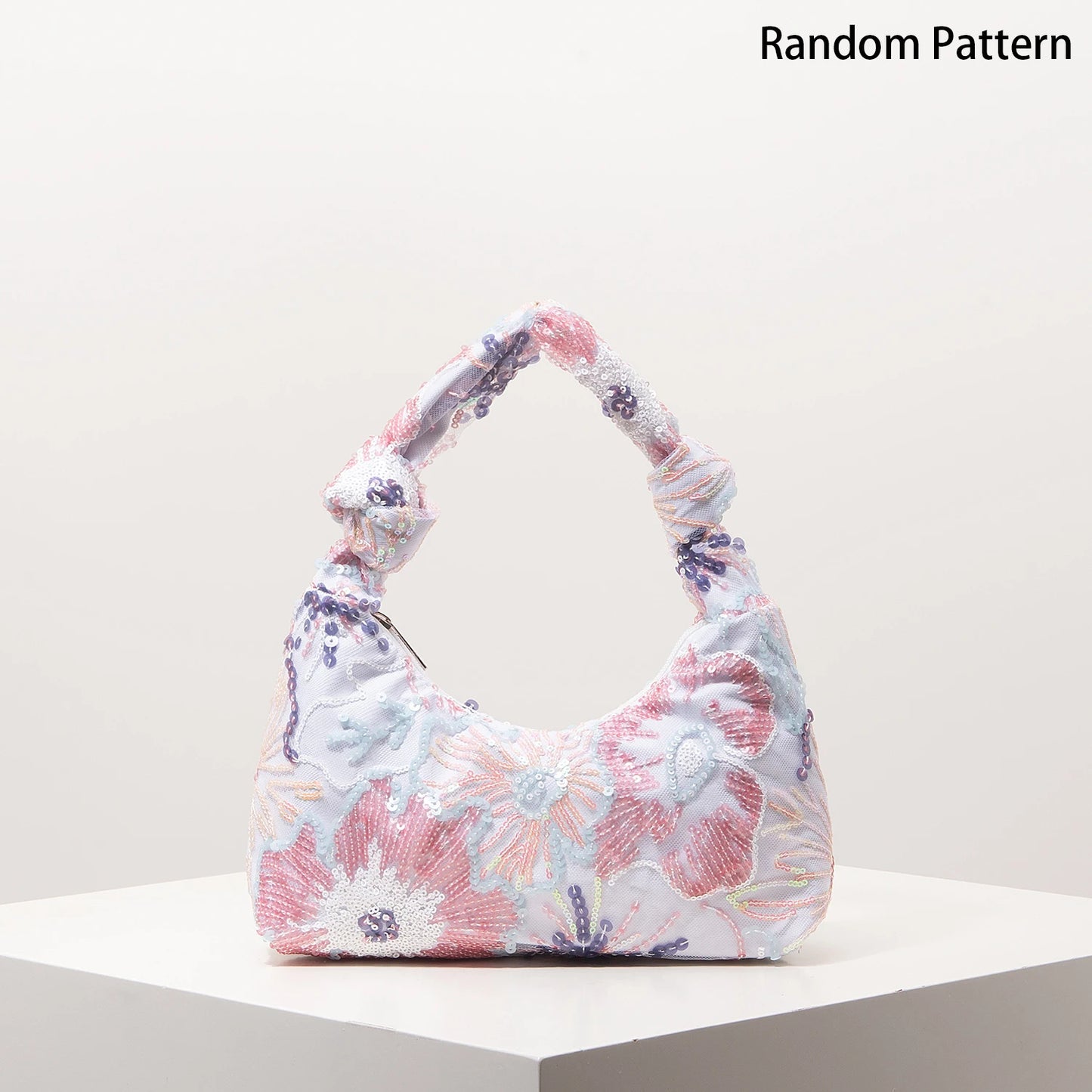 Floral Sequin Hobo Bag – Embroidery Knotted Handle Shoulder Purse