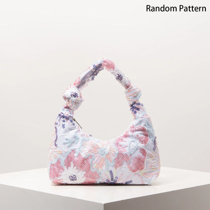 Floral Sequin Hobo Bag – Embroidery Knotted Handle Shoulder Purse