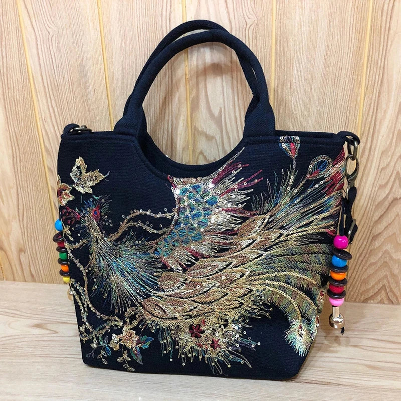 Peacock Embroidered Shoulder Bag for Women – Sequin Tote