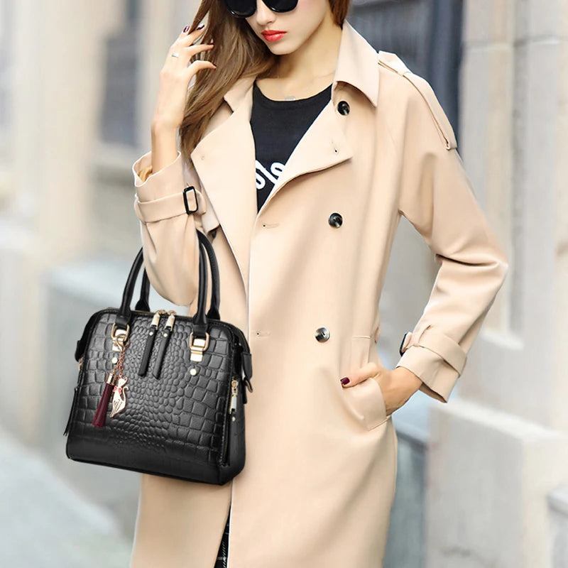 Luxury Alligator Pattern Handbag for Women – Large Capacity PU Leather