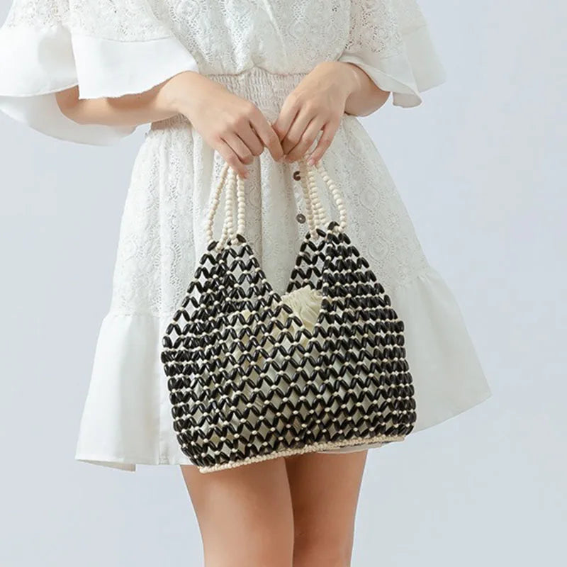 Wood Bead Tote Bag – Women's Handwoven Beach Handbag