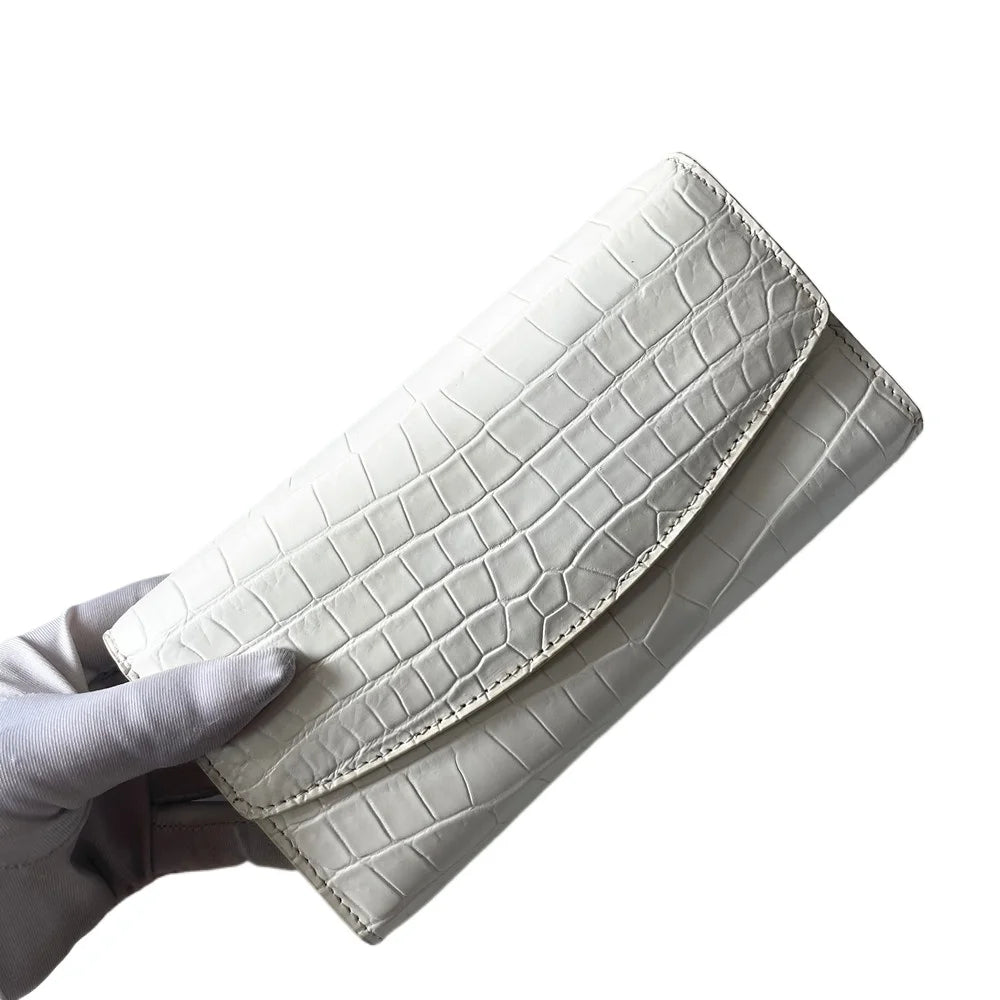 Crocodile Leather Women's Long Tri-Fold Wallet | White Luxury Clutch