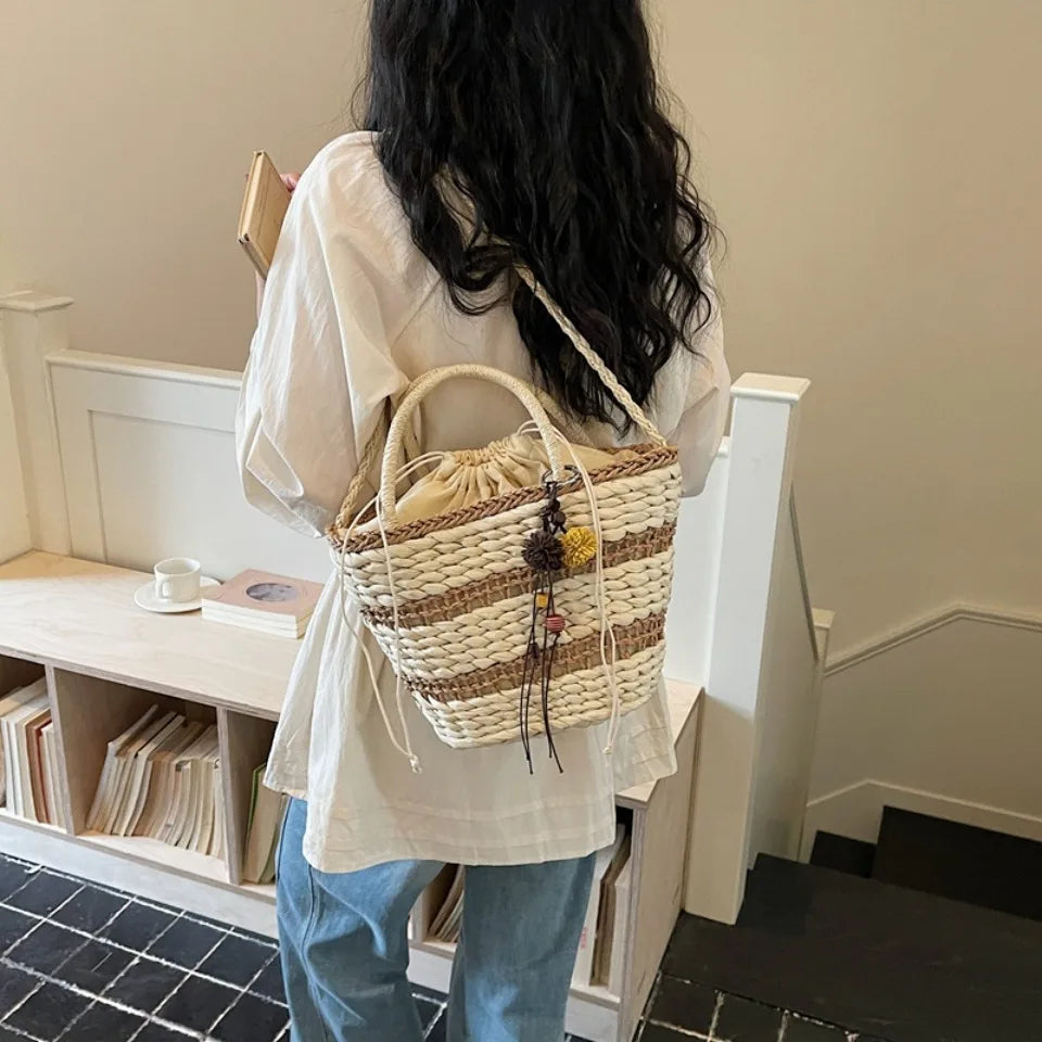 Striped Straw Beach Bag – Women's Woven Tote & Crossbody