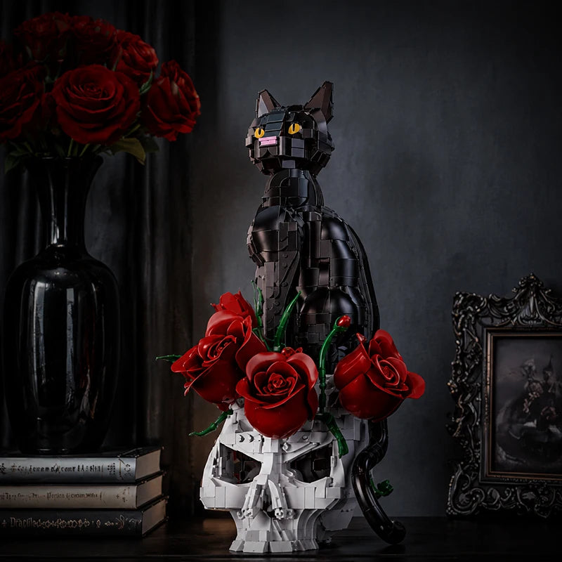 Gothic Skull Cat & Roses Building Blocks Set – MOC Decor Model