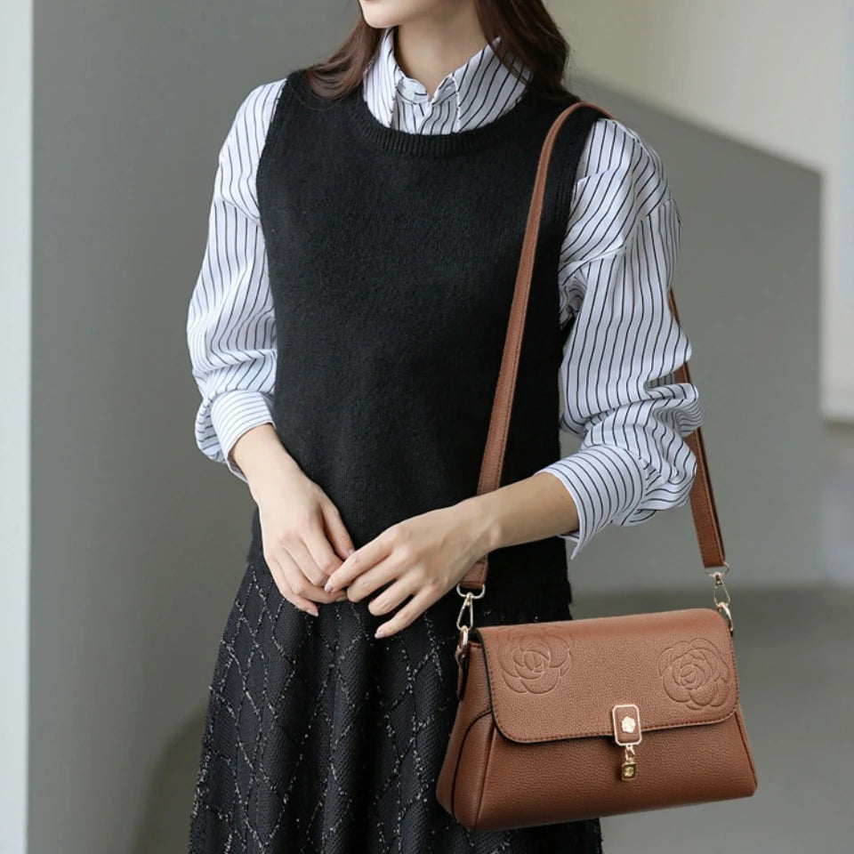 Floral Embossed Leather Crossbody Bag for Women – Shoulder Handbag