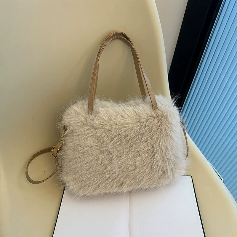Faux Fur Tote Bag for Women – Plush Bucket Handbag with Crossbody Strap