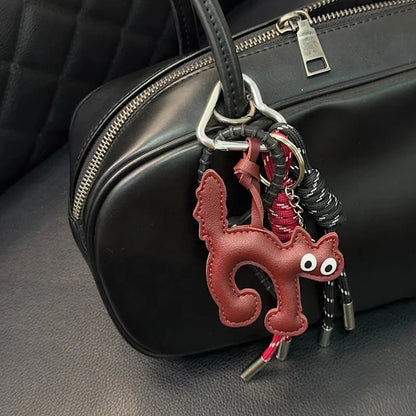 Cat Shape PU Leather Keychain Pendant with Rope Charm