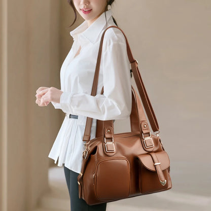 Leather Tote Handbag with Dual Front Pockets & Arrow Hardware