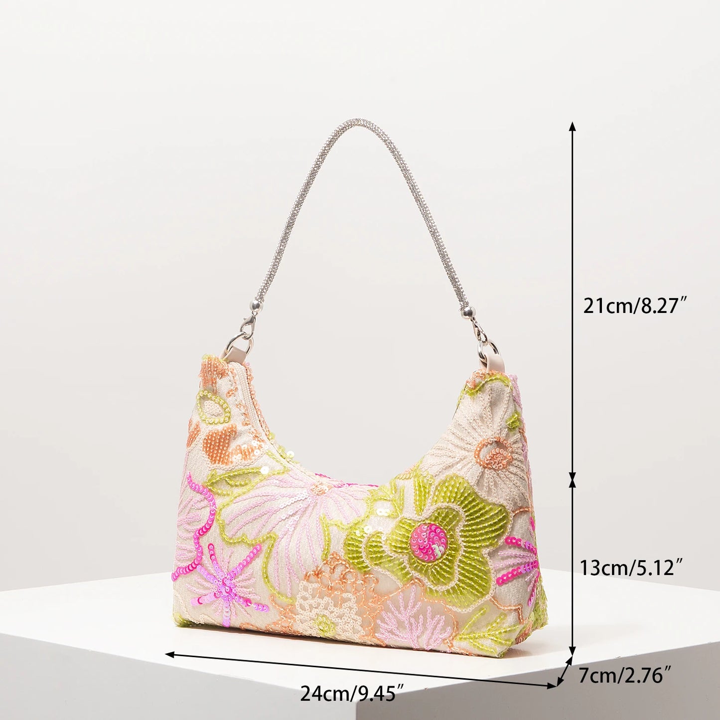 Sequin Floral Embroidery Shoulder Bag – Evening Clutch