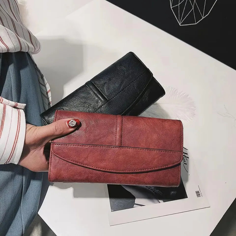 Women's Long Trifold Wallet – Vintage PU Leather Clutch Purse