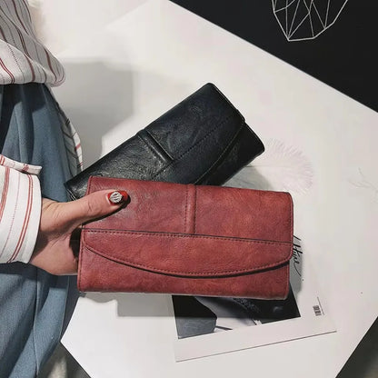 Women's Long Trifold Wallet – Vintage PU Leather Clutch Purse