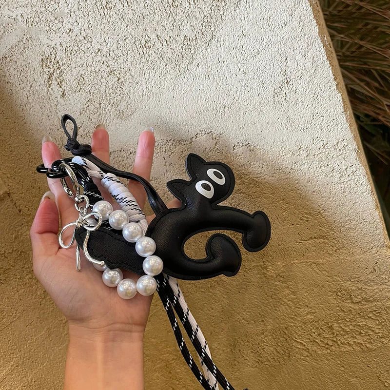 Cute Leather Cat Keychain Bag Charm with Pearl Rope