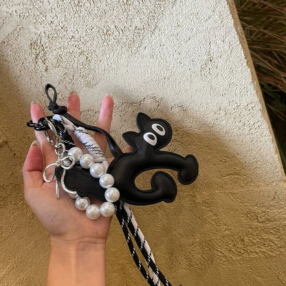 Cute Leather Cat Keychain Bag Charm with Pearl Rope