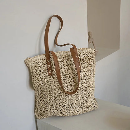 Straw Beach Bag Handwoven Tote with Leather Straps