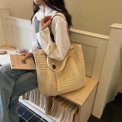 Woven Straw Beach Tote Bag for Women – Large Boho Shoulder Handbag