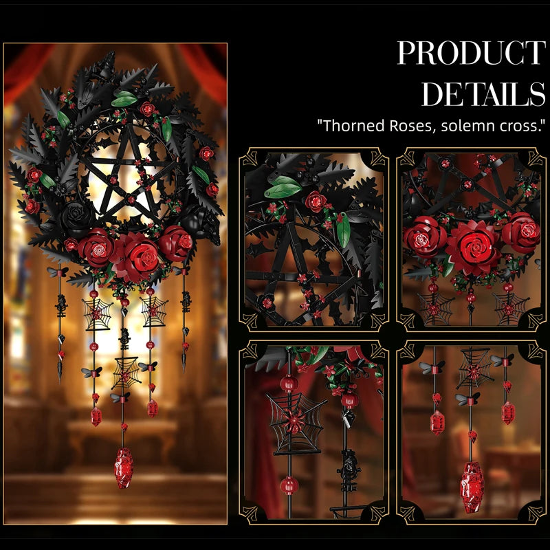 Gothic Black Rose Wreath MOC Building Blocks – 1300pcs Botanical Wall Decor