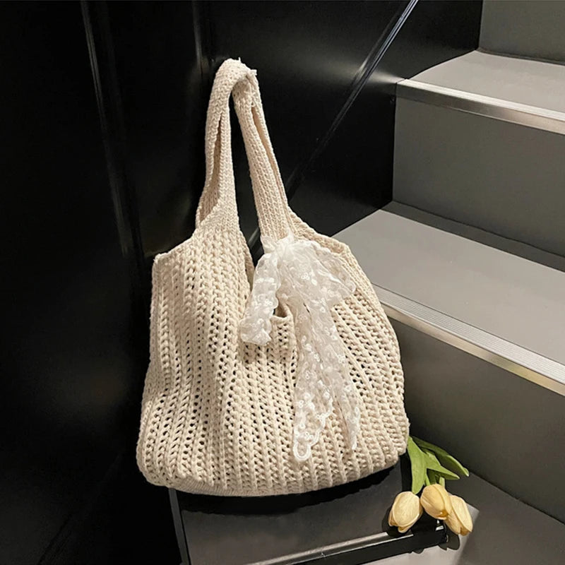 Lace Ribbon Woven Tote Bag – Bohemian Beach Shoulder Bag