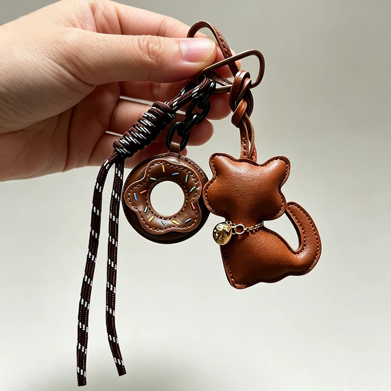 Cat Keychain – Cute Leather Cat & Donut Bag Charm with Tassel
