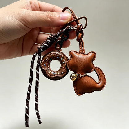Cat Keychain – Cute Leather Cat & Donut Bag Charm with Tassel