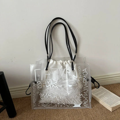 Transparent Pvc Jelly Tote Bag Inner Pouch Graffiti Letter Print Large Capacity Shoulder Summer